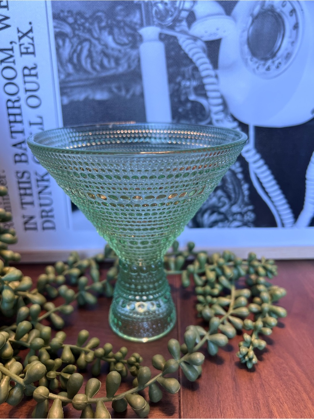 Green Textured Glass Martini Vase - Decorative Hobnail Style
